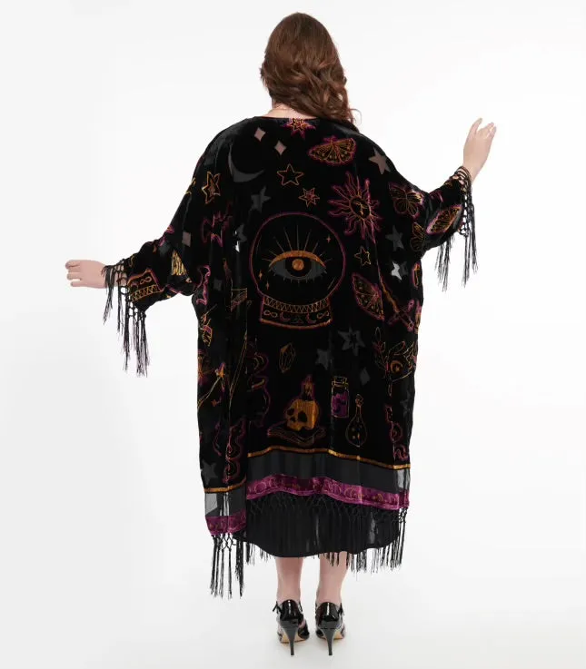 1920s Black Velvet Burnout Mystical Icons Fringe Kimono