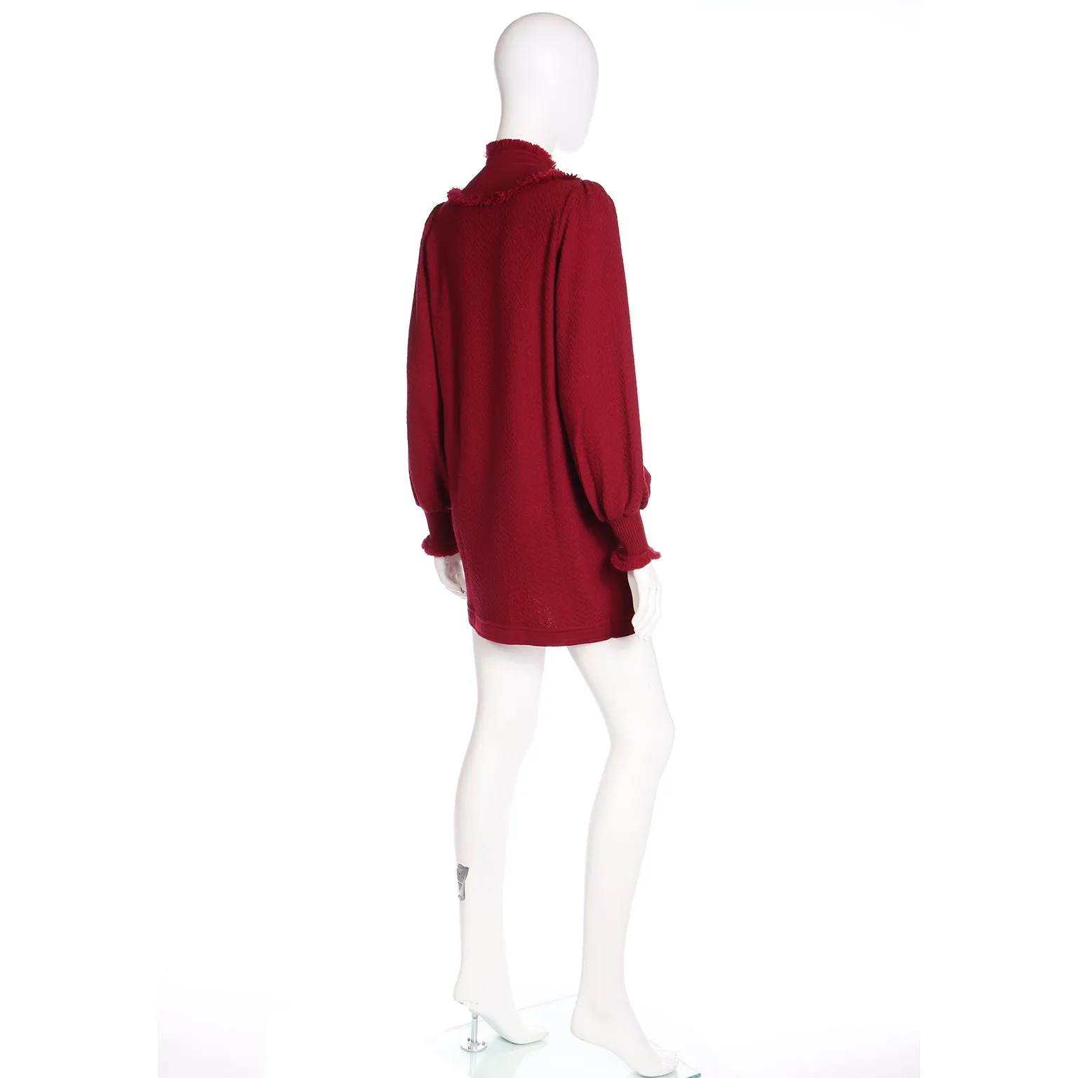 1970s Yves Saint Laurent Burgundy Red Knit Long Sweater w Fringe