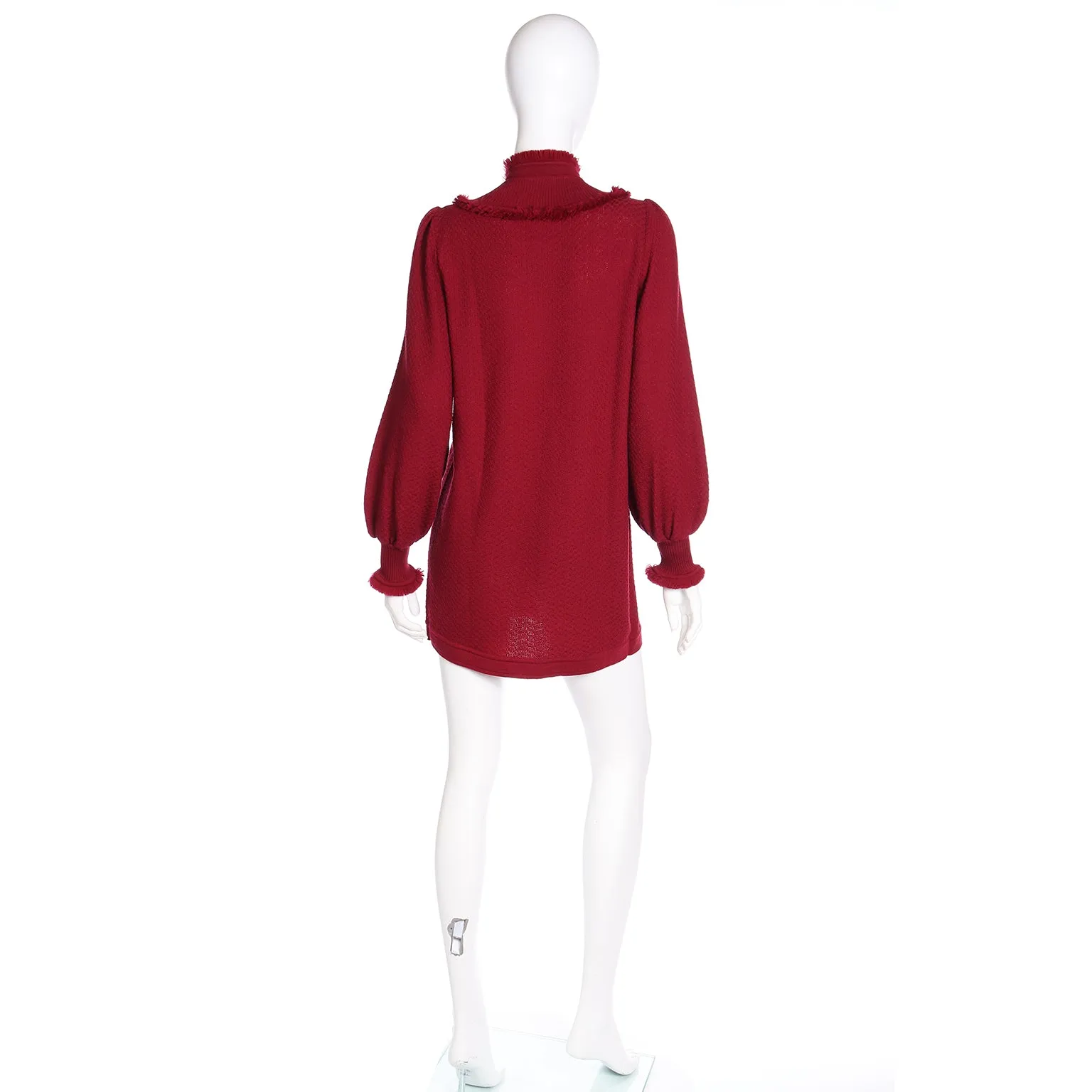 1970s Yves Saint Laurent Burgundy Red Knit Long Sweater w Fringe