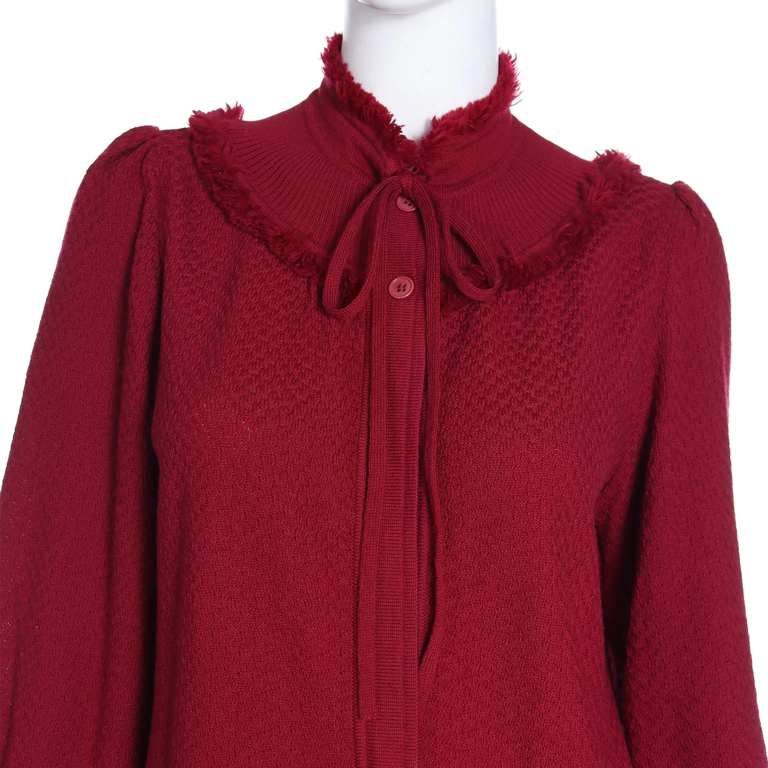 1970s Yves Saint Laurent Burgundy Red Knit Long Sweater w Fringe