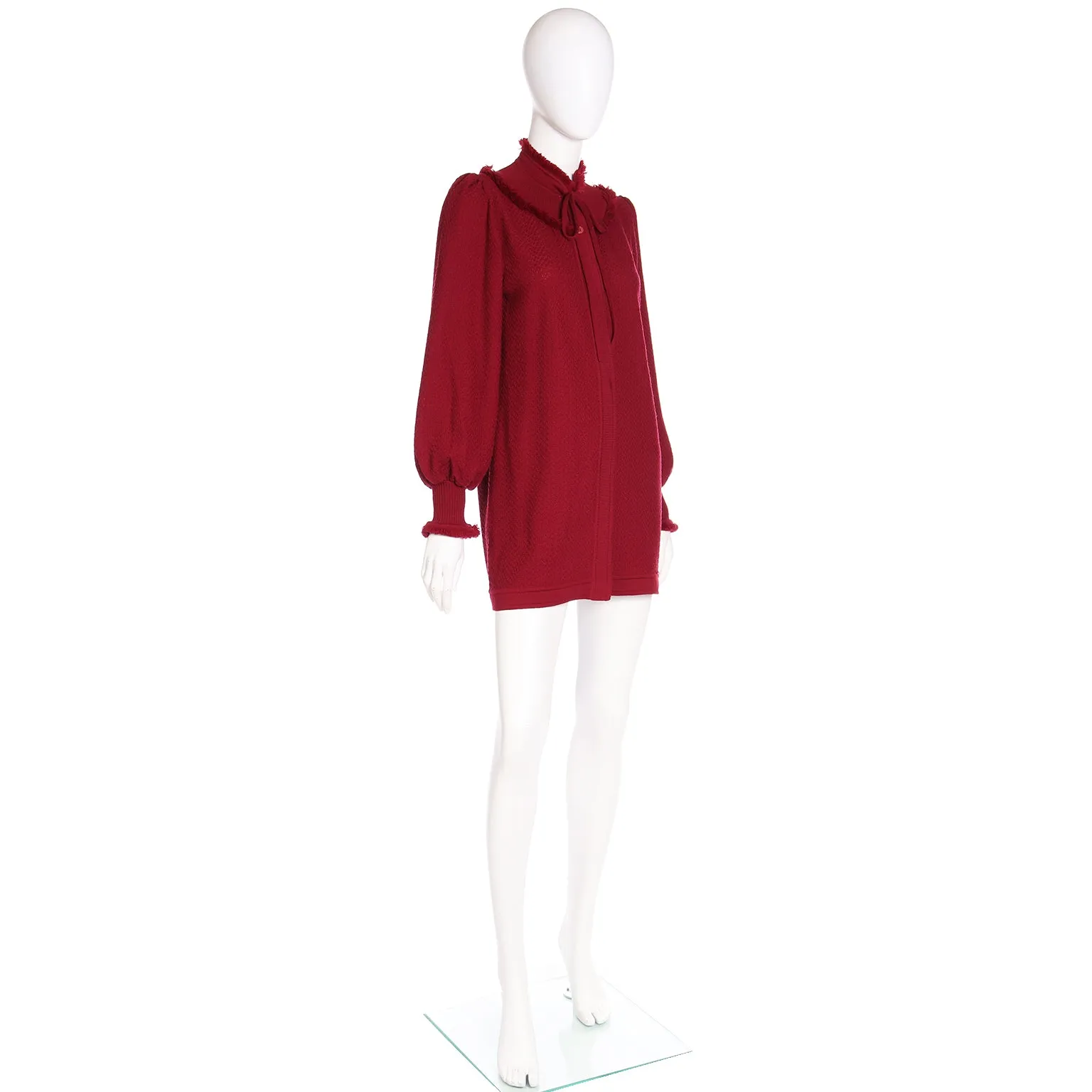 1970s Yves Saint Laurent Burgundy Red Knit Long Sweater w Fringe