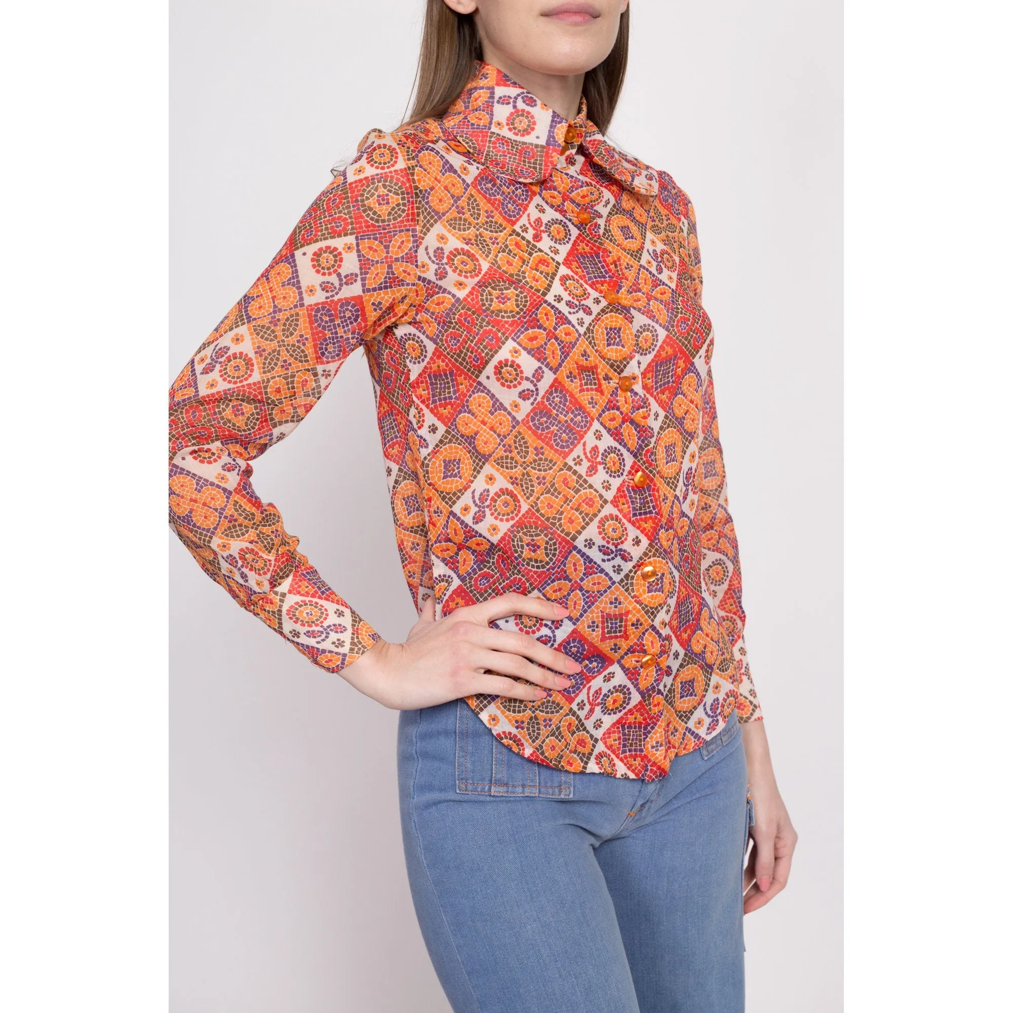 60s Mosaic Floral Dog Ear Collar Blouse - Extra Small