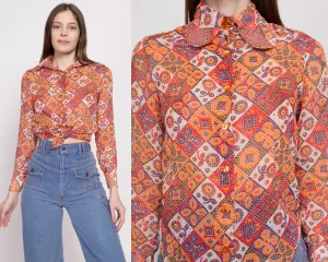 60s Mosaic Floral Dog Ear Collar Blouse - Extra Small