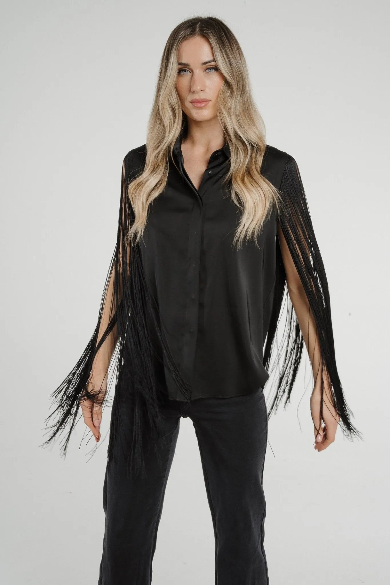 Alana Fringed Sleeve Shirt In Black