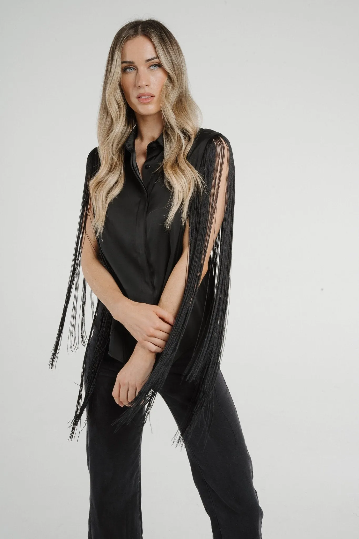 Alana Fringed Sleeve Shirt In Black