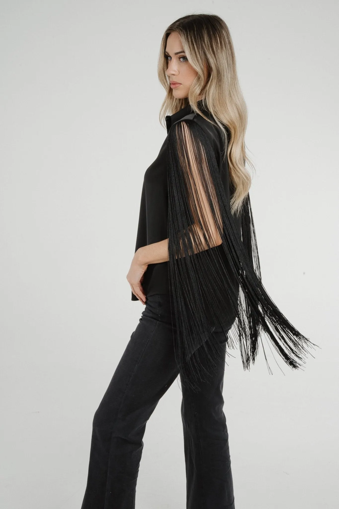 Alana Fringed Sleeve Shirt In Black