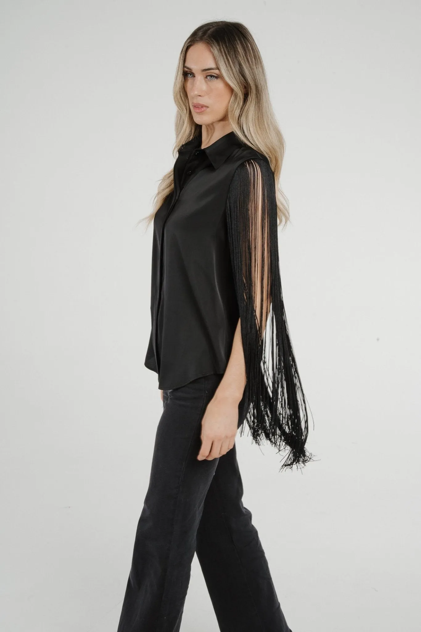 Alana Fringed Sleeve Shirt In Black