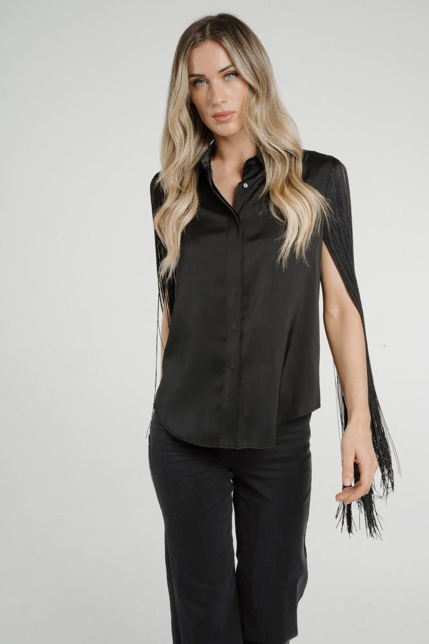 Alana Fringed Sleeve Shirt In Black