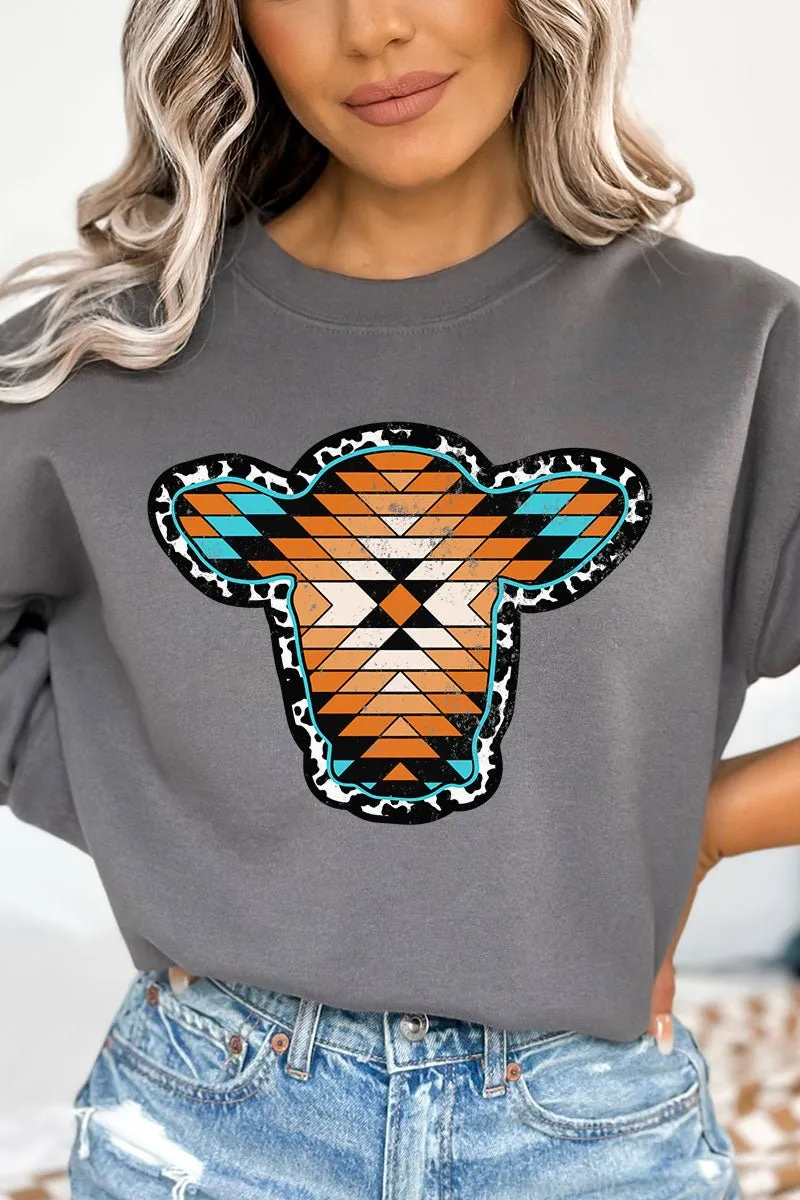 Aztec Cow Portrait Heavy-weight Crew Sweatshirt