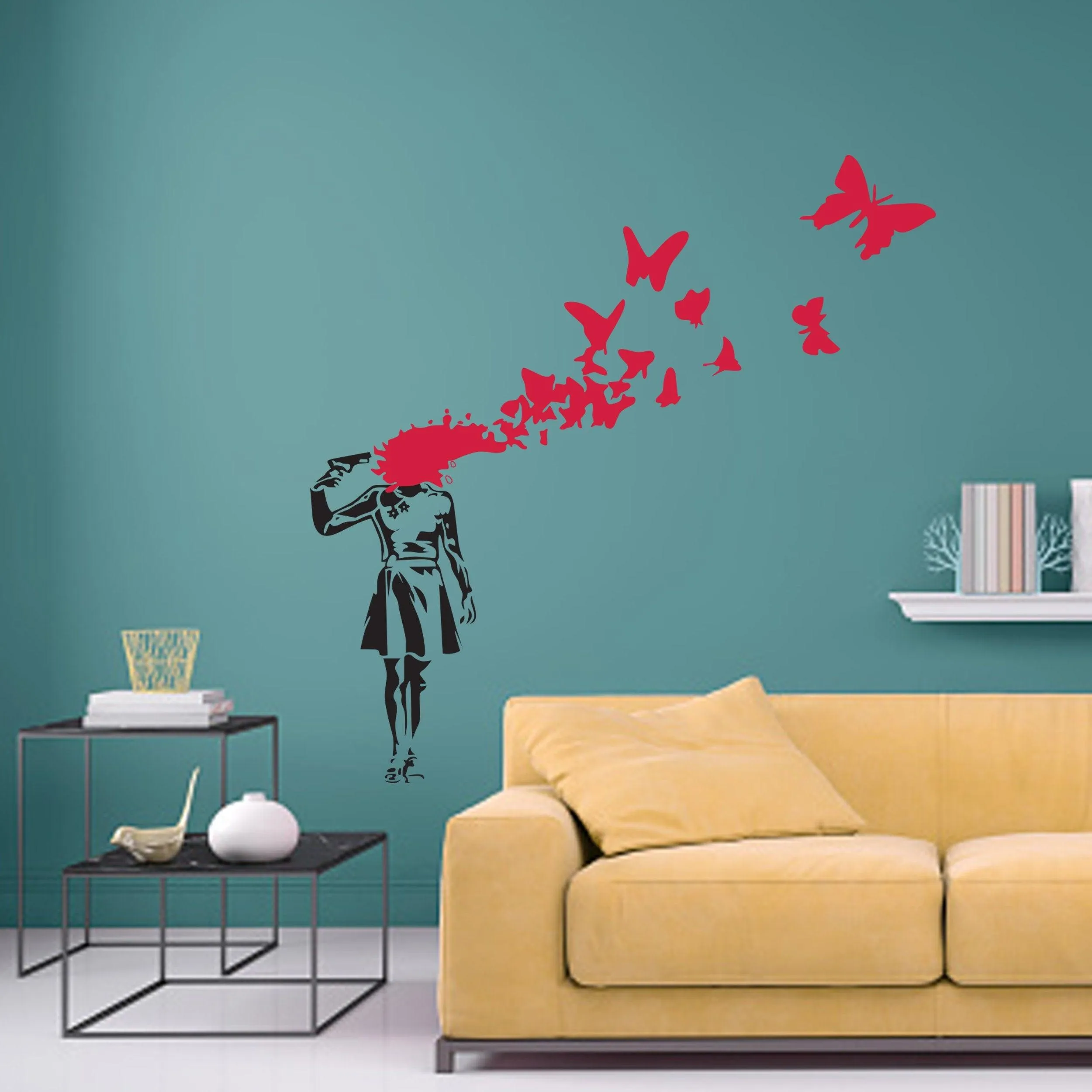 Banksy Suicide Girl With Butterfly Wall Decal - Bansky Street Art Graffiti Gun Vinyl Sticker For Wall