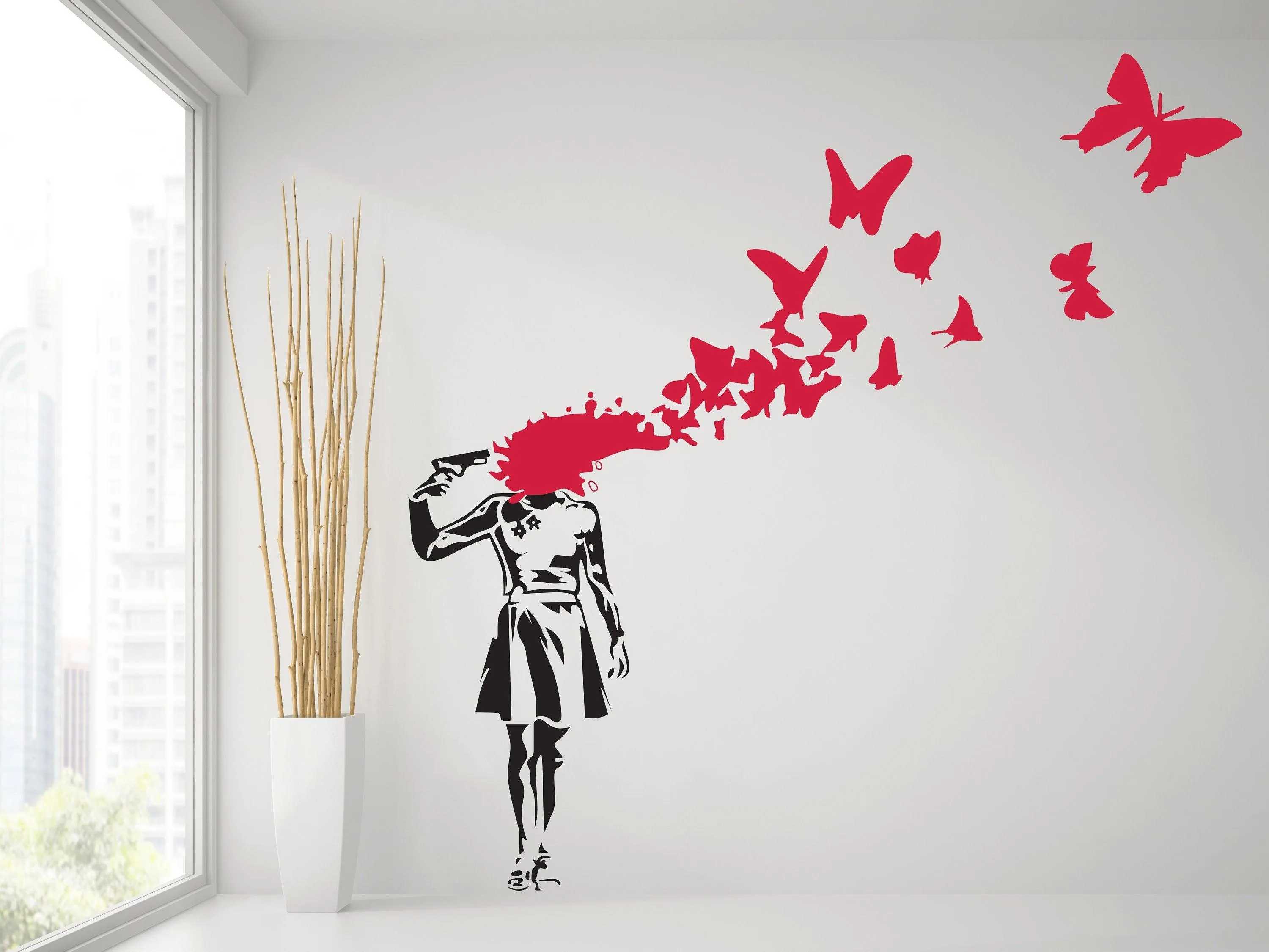 Banksy Suicide Girl With Butterfly Wall Decal - Bansky Street Art Graffiti Gun Vinyl Sticker For Wall