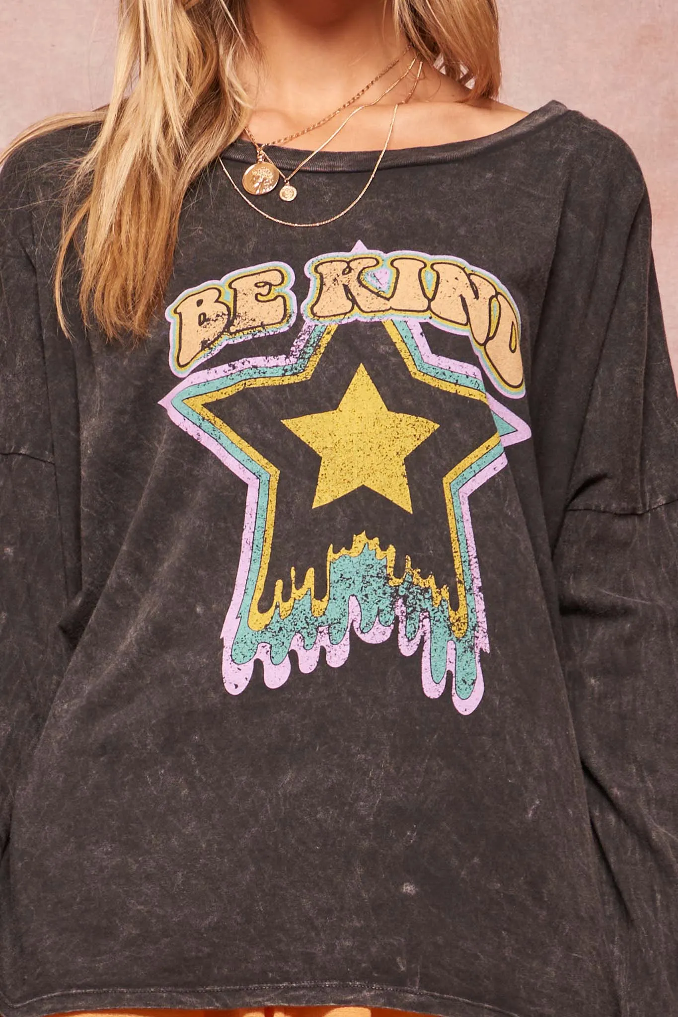 Be Kind Vintage-Washed Long-Sleeve Graphic Tee