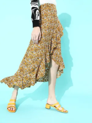 Berrylush Women Mustard Yellow Floral Printed High-Low Ruffled Wrap Midi Skirt