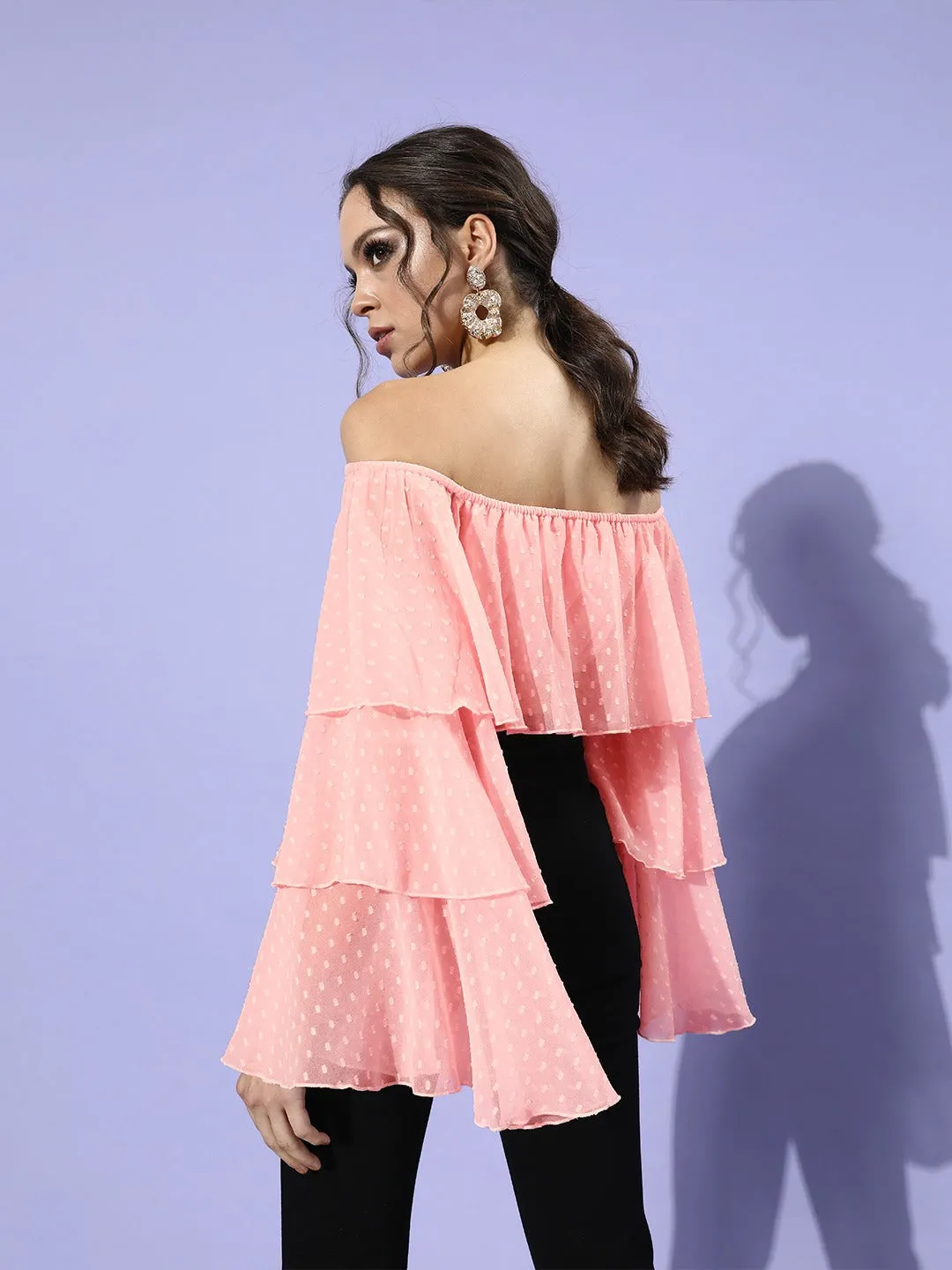 Berrylush Women Solid Pink Dobby Weave Off-Shoulder Neck Sheer Georgette Ruffled Crop Top