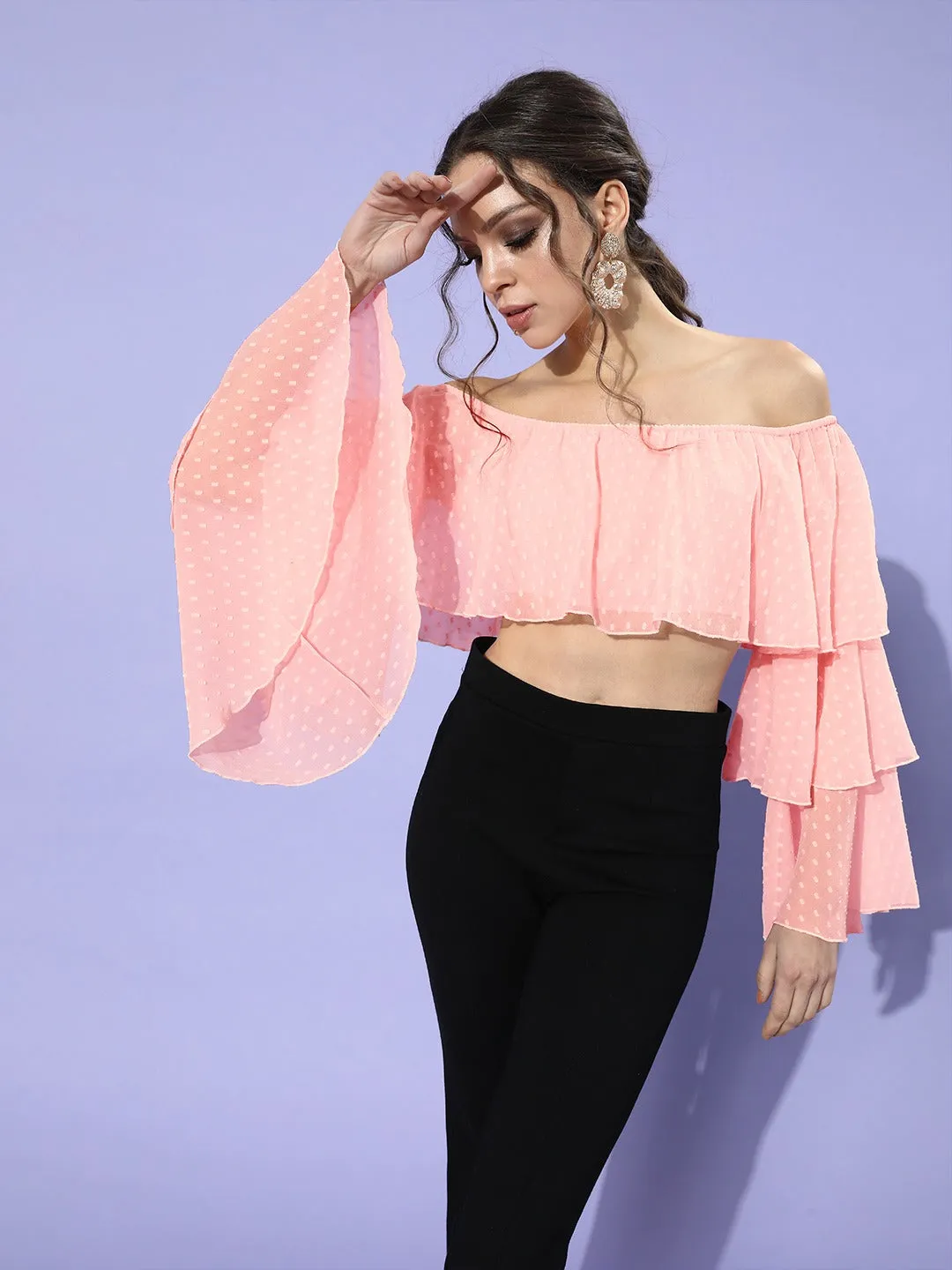 Berrylush Women Solid Pink Dobby Weave Off-Shoulder Neck Sheer Georgette Ruffled Crop Top