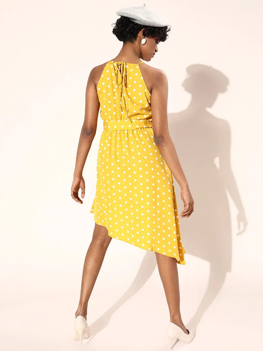 Berrylush Women Yellow Polka Dot Printed Square Neck Waist Tie-Up Asymmetrical Fit & Flare Midi Dress