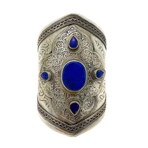 Big Handmade Afghan Tribal Bohemian Womens Engraved Metal Antique Finish Cuff with Blue Stone - Boho Chic Trendy Stylish - Duel On Jewel