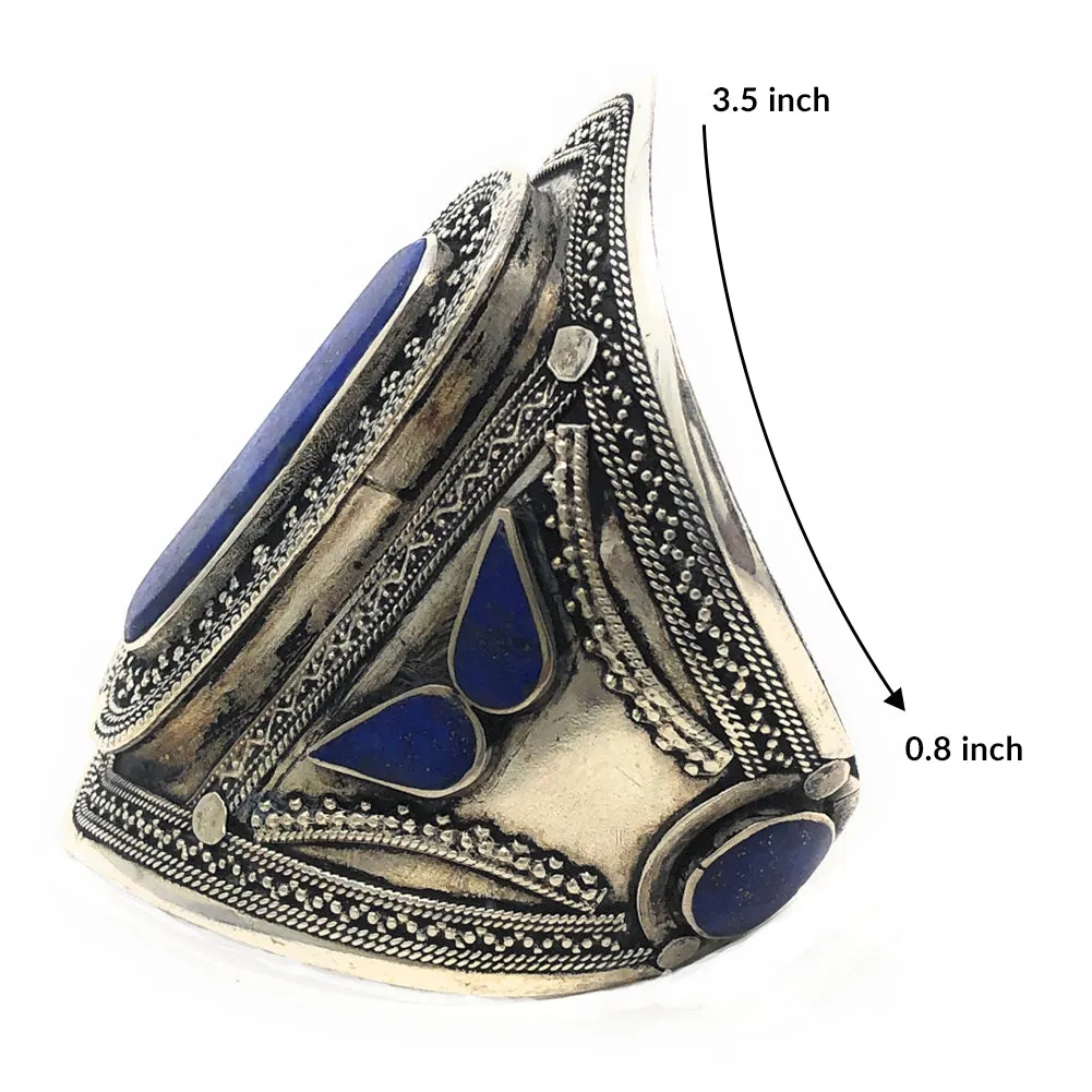 Big Statement Handmade Afghan Tribal Engraved Cuff Antique Oxidized Finish with Blue Stone - Fashion Trendy Boho Chic - Duel On Jewel