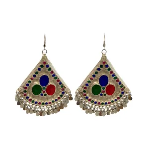 Big Triangle Tribal Afghan Womens Antique Finish Dangle Earrings in Multicolor Stones - Bohemian Fashion Party - Duel On Jewel