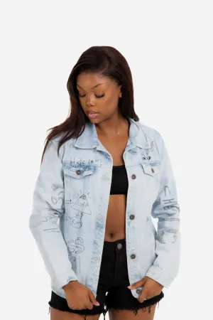 Boyfriend Fit Denim Jacket with Graffiti Illustration