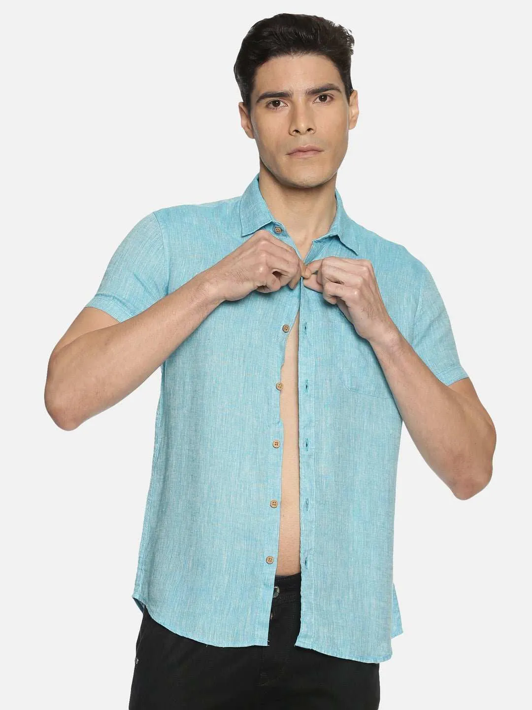 Ecentric Blue Colour Slim Fit Hemp Casual Shirt