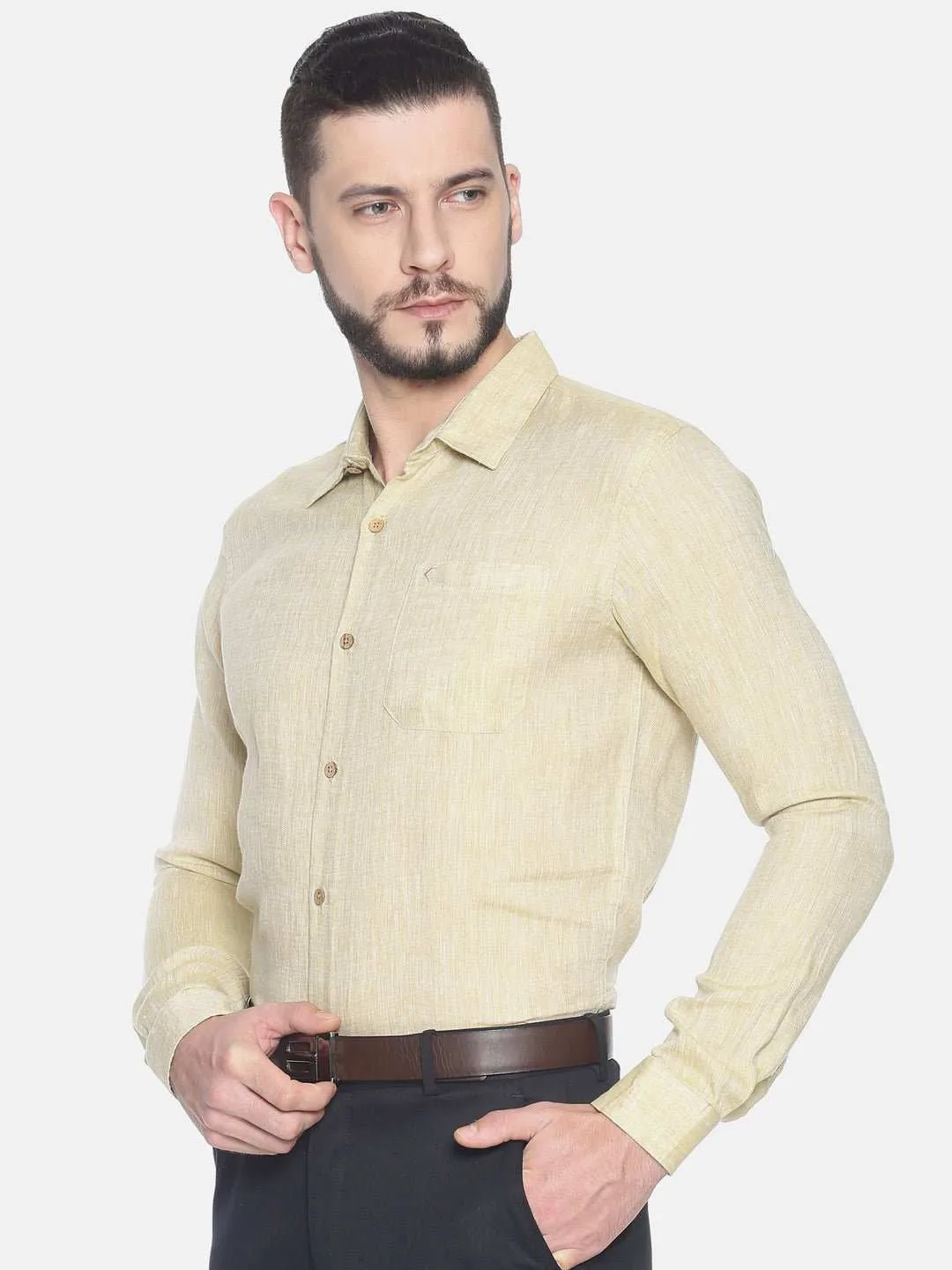 Ecentric Fawn Colour Slim Fit Hemp Formal Shirt