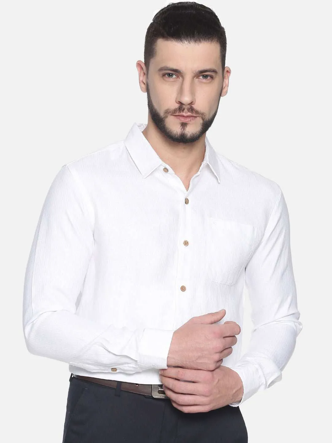 Ecentric Herringbone White Colour Slim Fit Hemp Formal Shirt