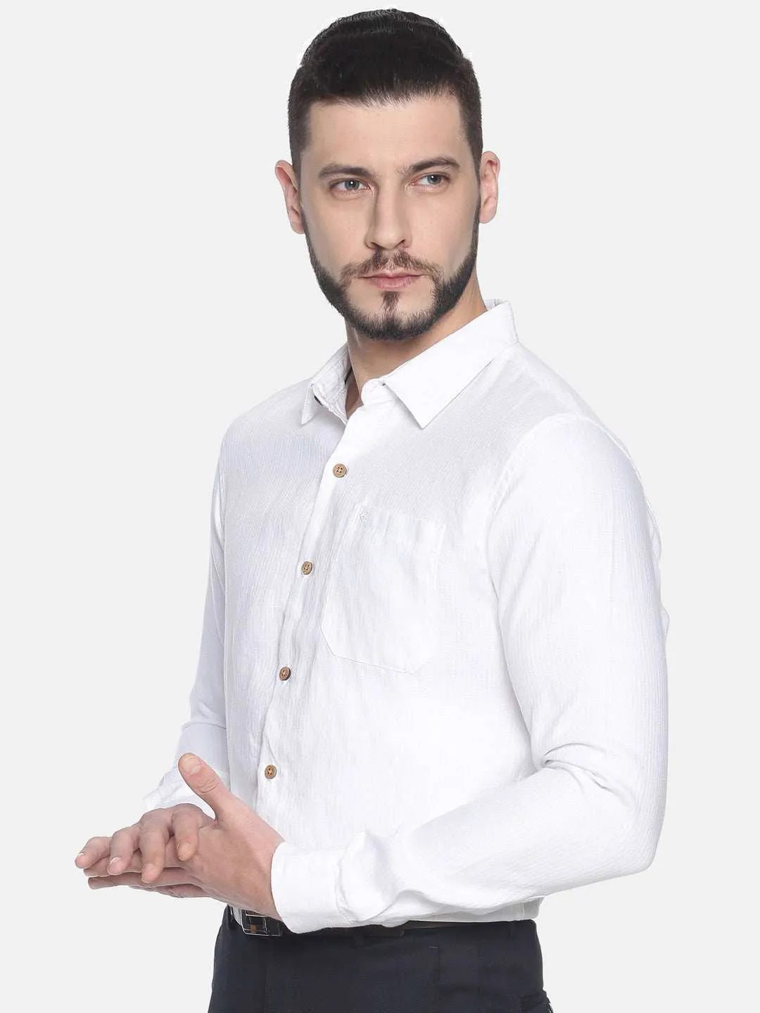 Ecentric Herringbone White Colour Slim Fit Hemp Formal Shirt