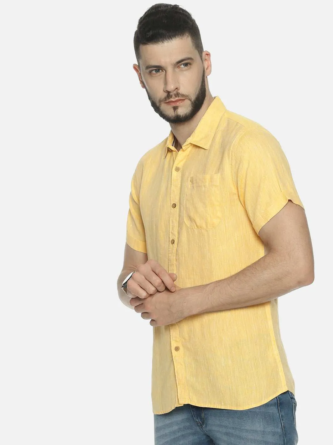 Ecentric Lemon Yellow Colour Slim Fit Hemp Casual Shirt