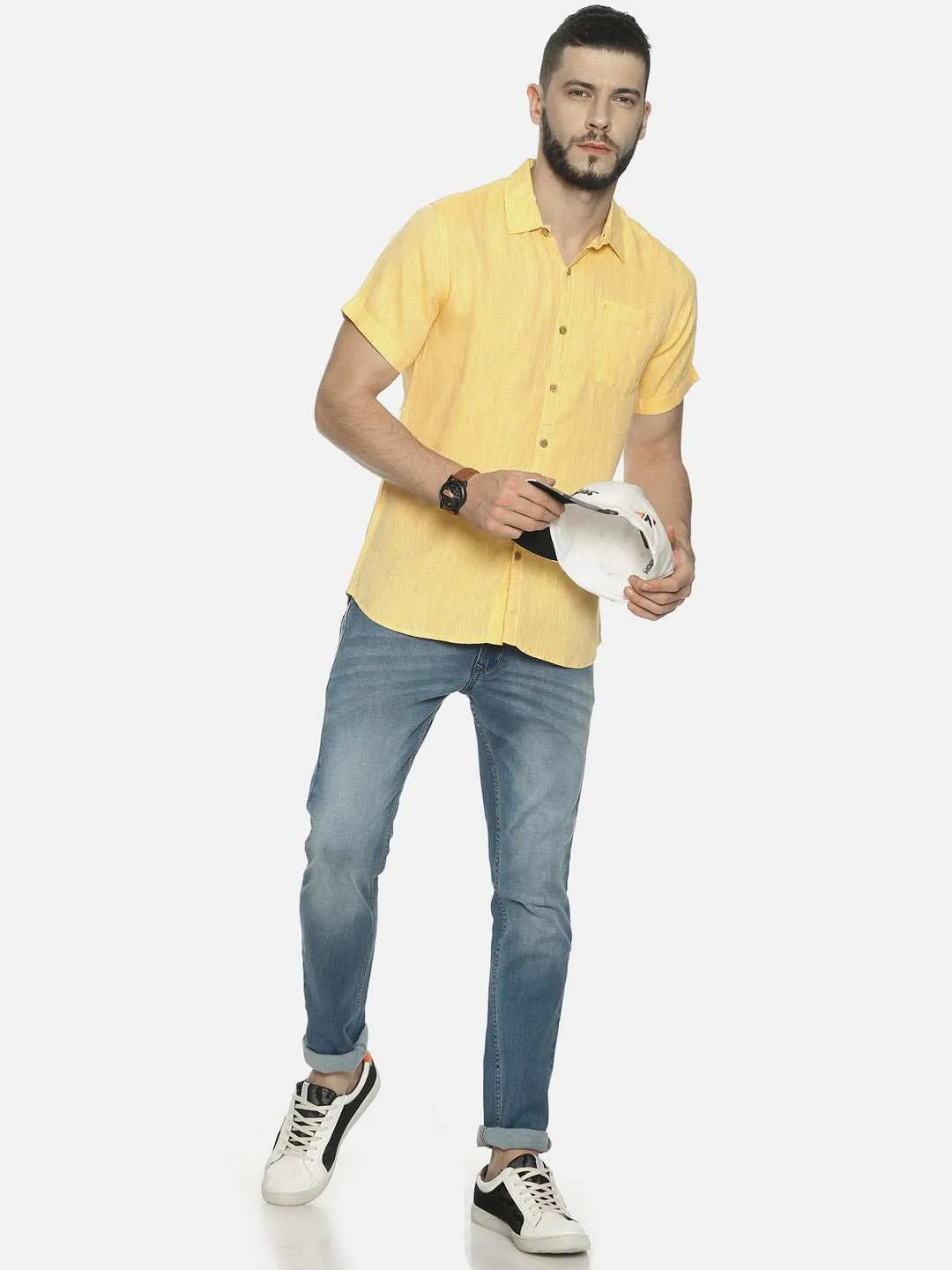 Ecentric Lemon Yellow Colour Slim Fit Hemp Casual Shirt