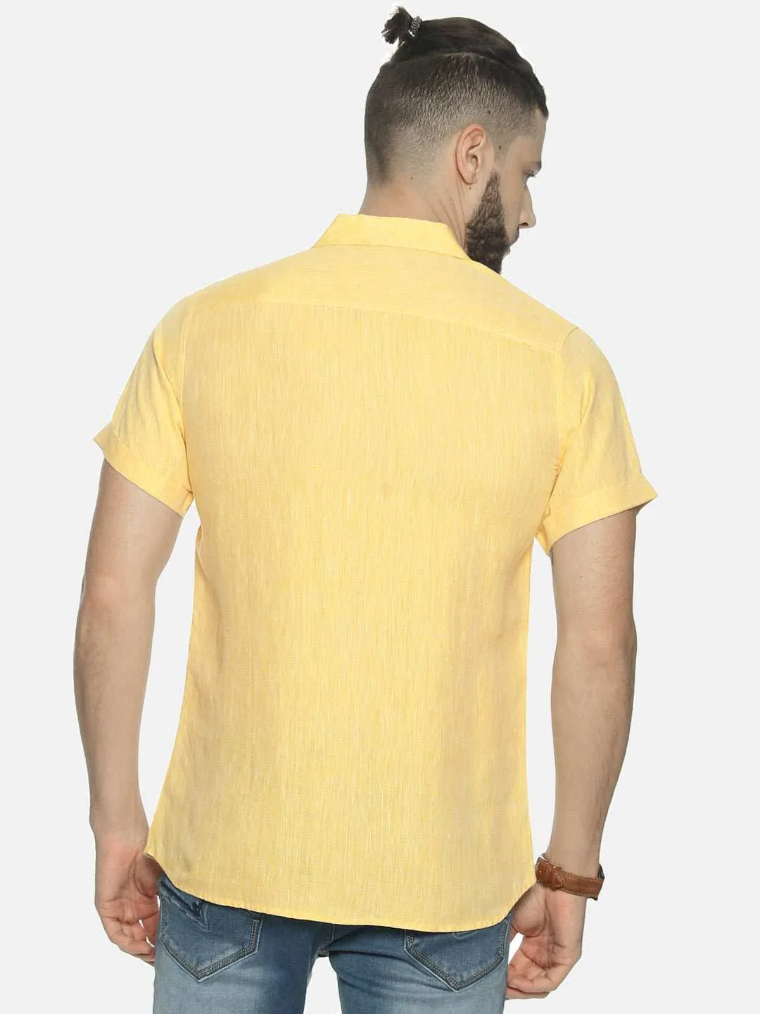 Ecentric Lemon Yellow Colour Slim Fit Hemp Casual Shirt