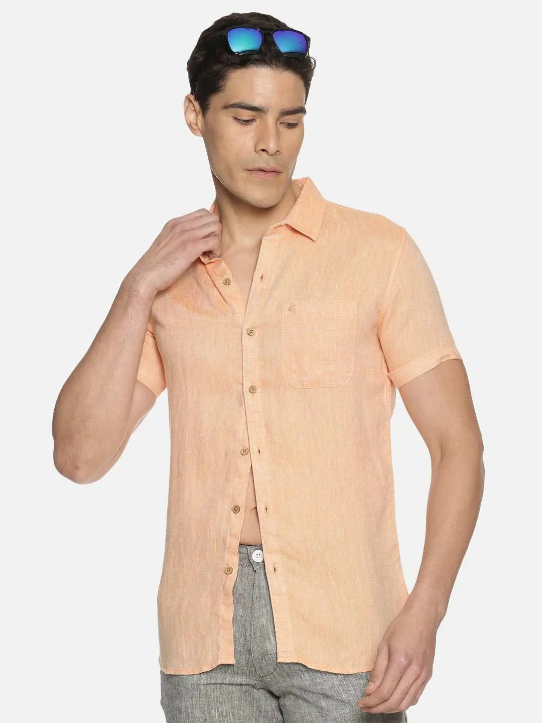 Ecentric Neon Saffron Colour Slim Fit Hemp Casual Shirt