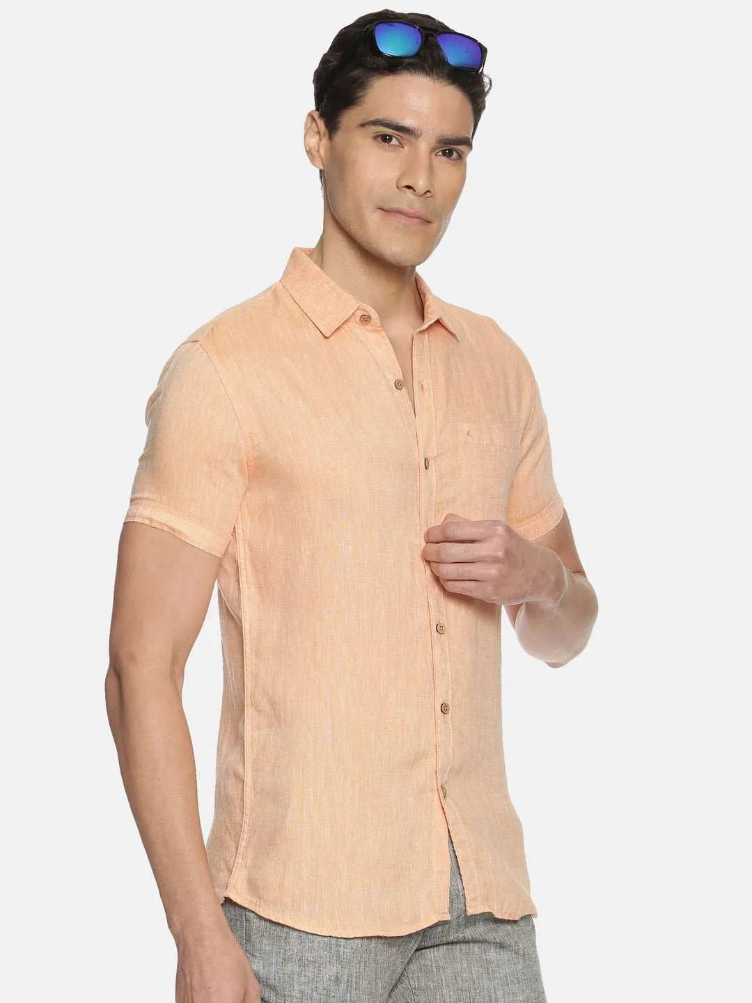 Ecentric Neon Saffron Colour Slim Fit Hemp Casual Shirt