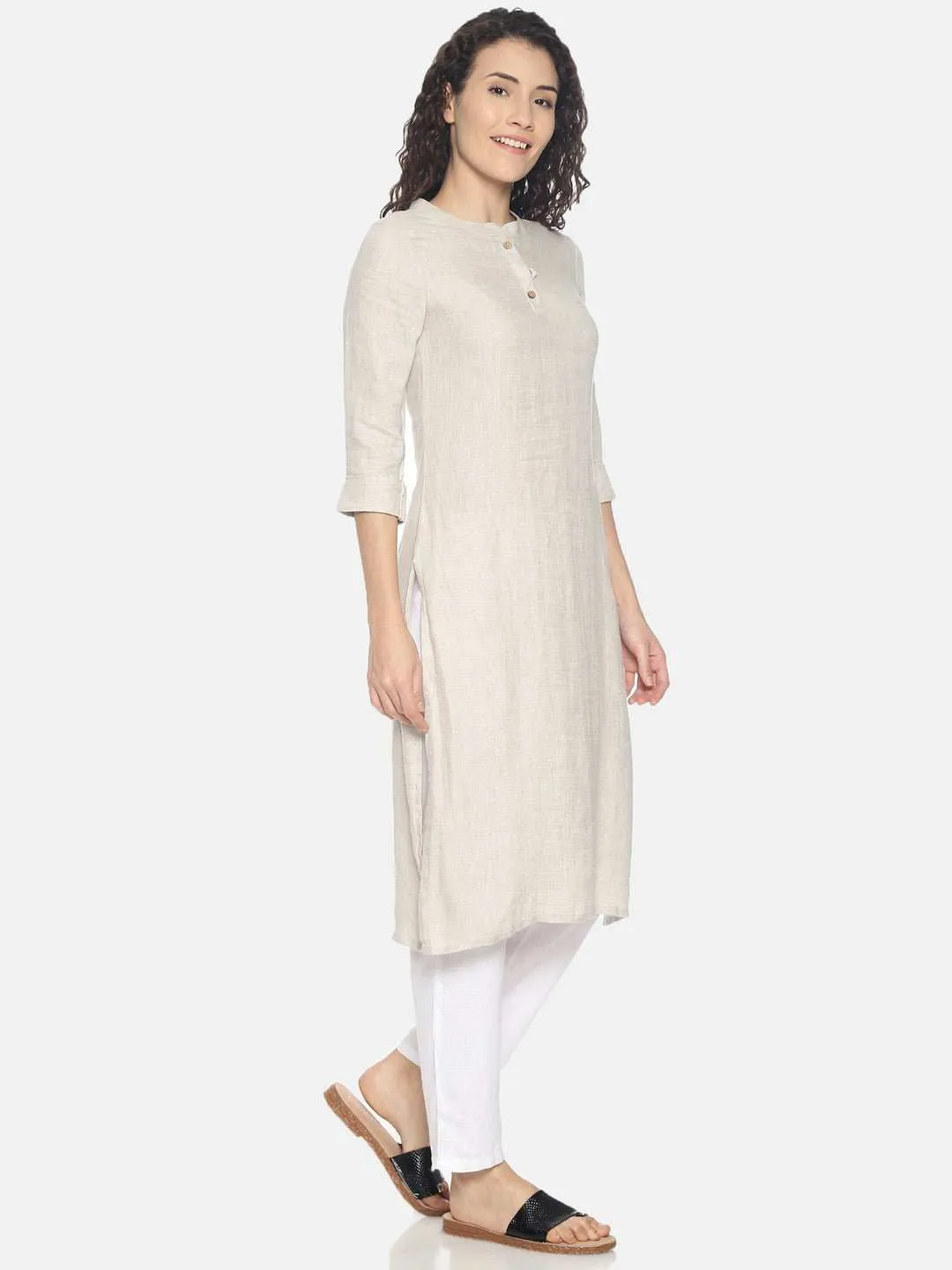 Ecentric Women's Beige Colour Solid Hemp Straight Long Kurta