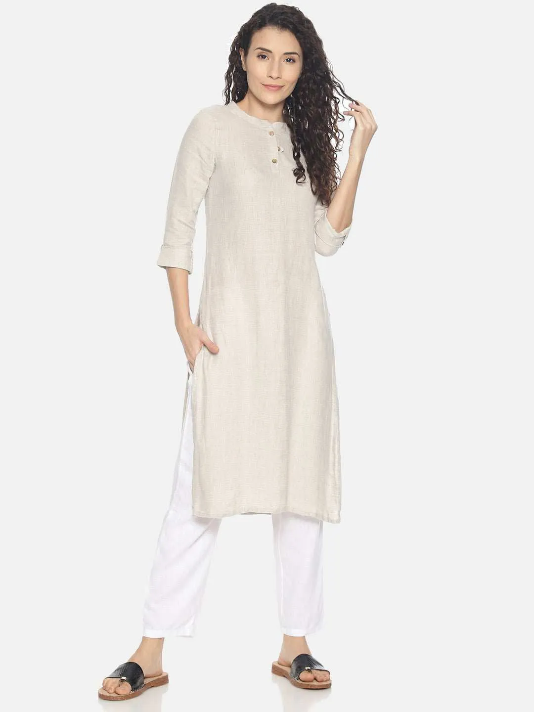 Ecentric Women's Beige Colour Solid Hemp Straight Long Kurta