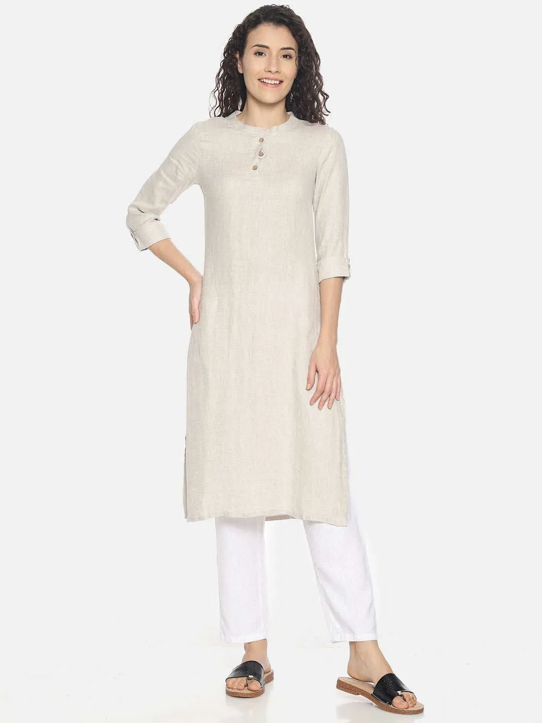 Ecentric Women's Beige Colour Solid Hemp Straight Long Kurta