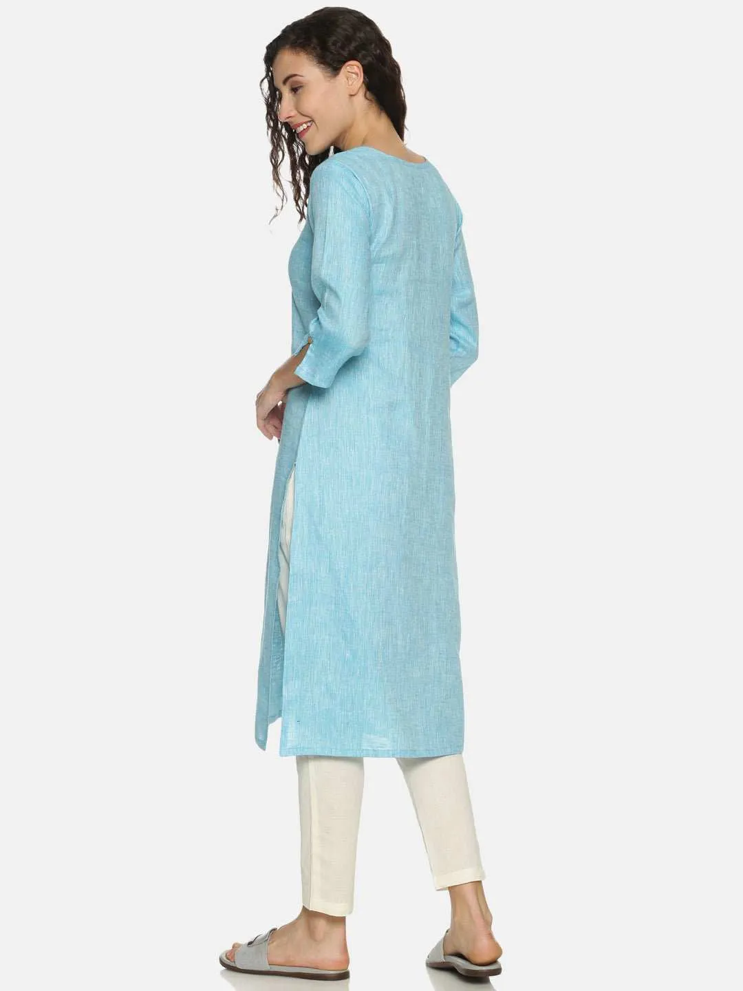 Ecentric Women's Blue Colour Solid Hemp Straight Long Kurta