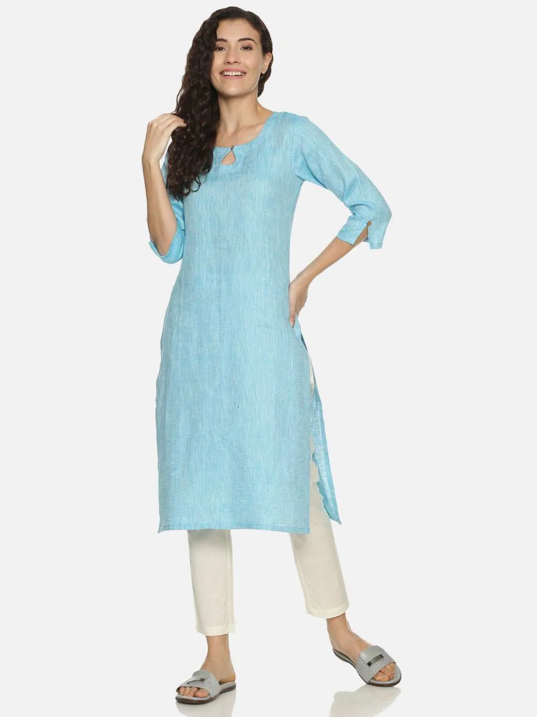 Ecentric Women's Blue Colour Solid Hemp Straight Long Kurta