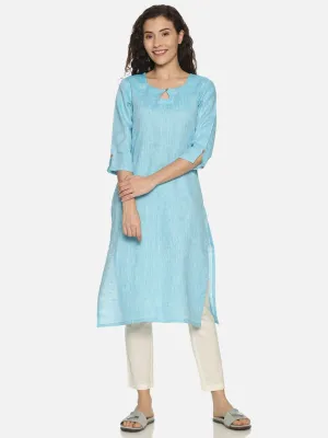 Ecentric Women's Blue Colour Solid Hemp Straight Long Kurta