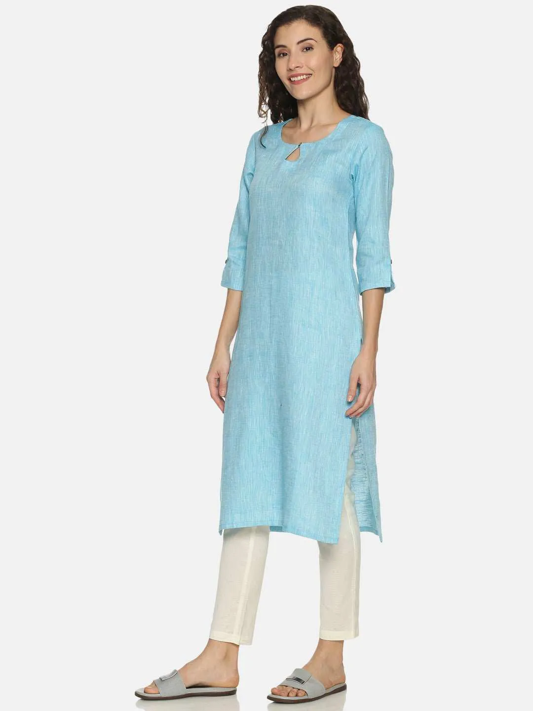 Ecentric Women's Blue Colour Solid Hemp Straight Long Kurta