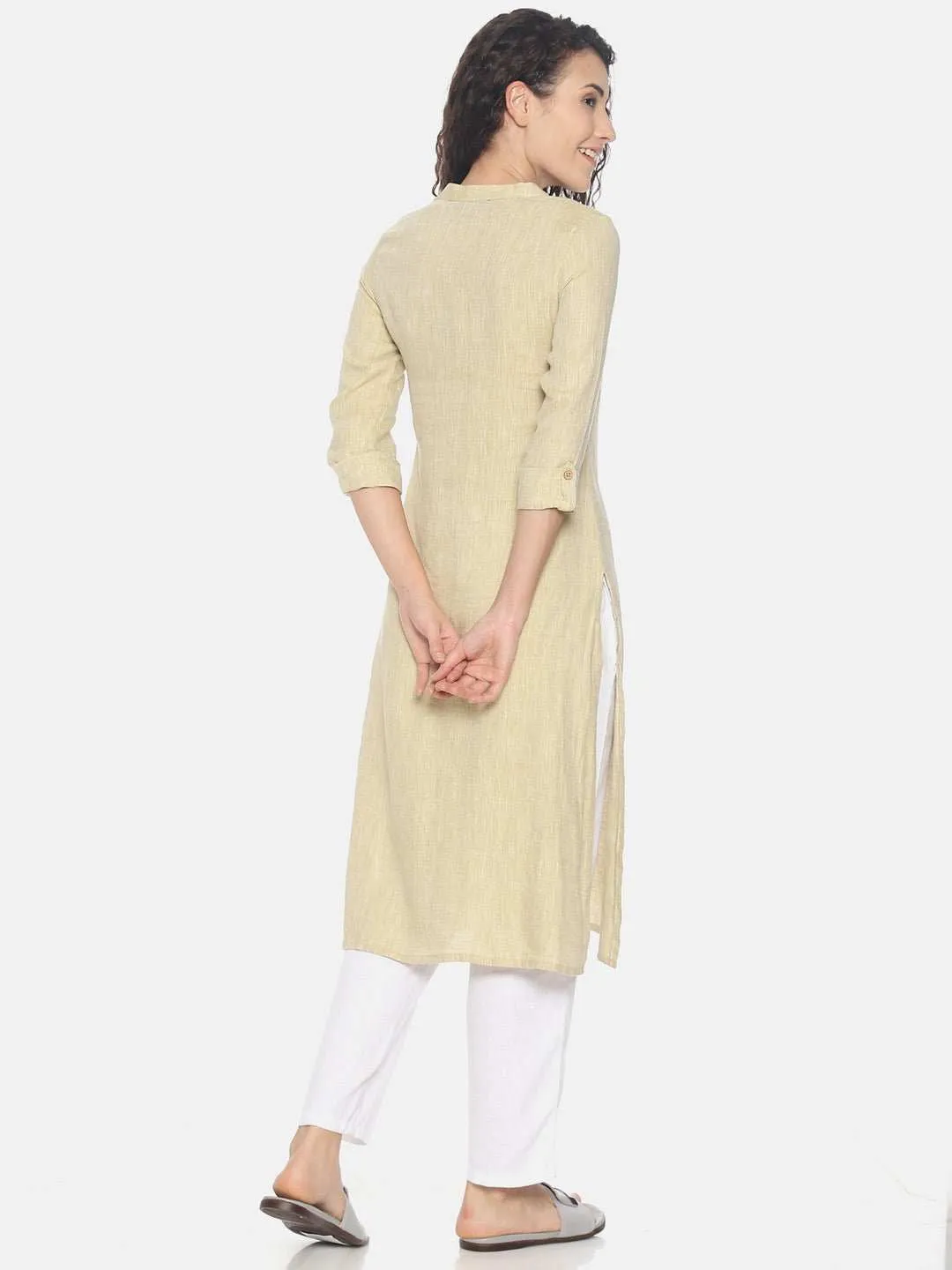 Ecentric Women's Fawn Colour Solid Hemp Straight Long Kurta