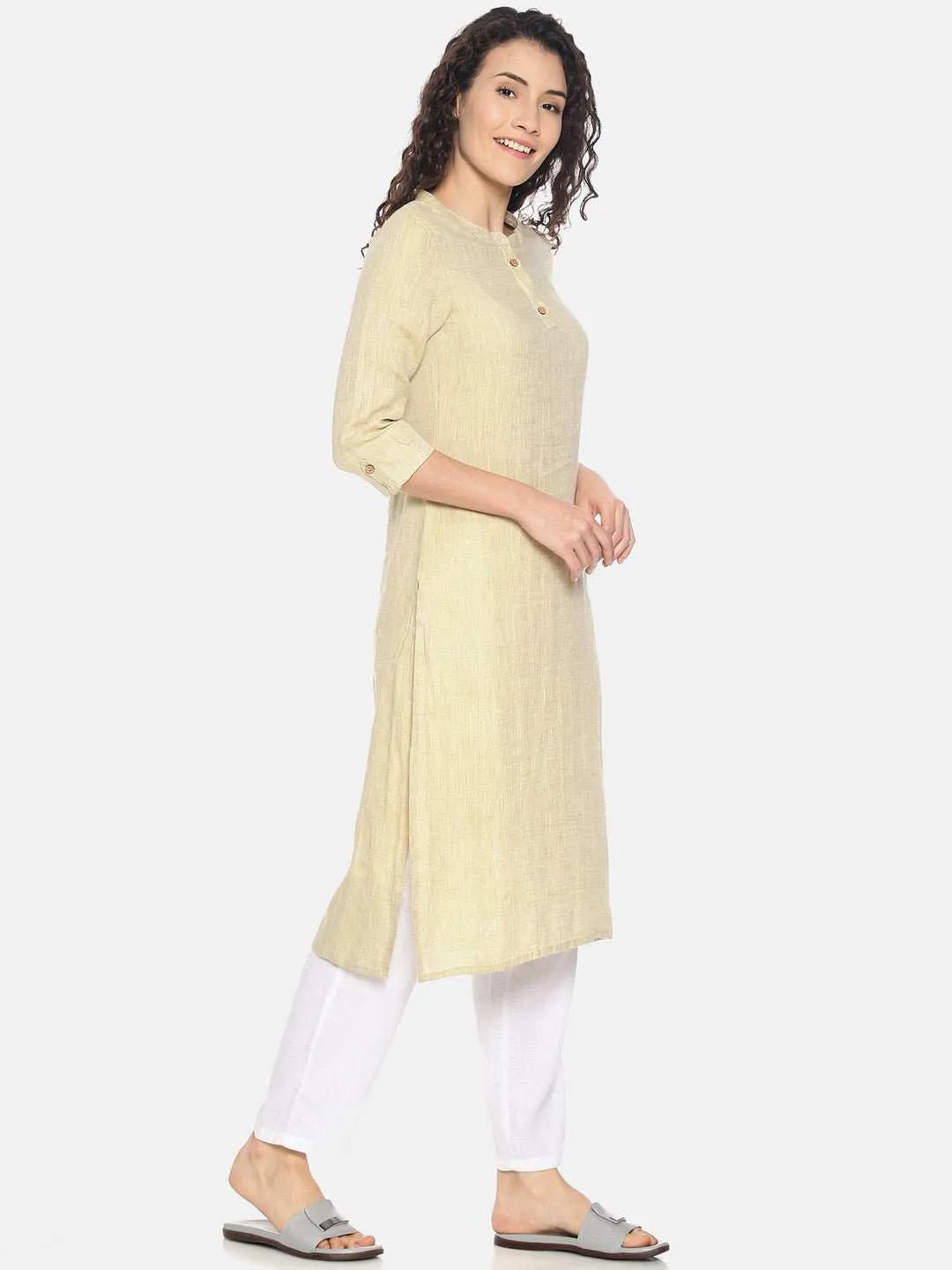 Ecentric Women's Fawn Colour Solid Hemp Straight Long Kurta