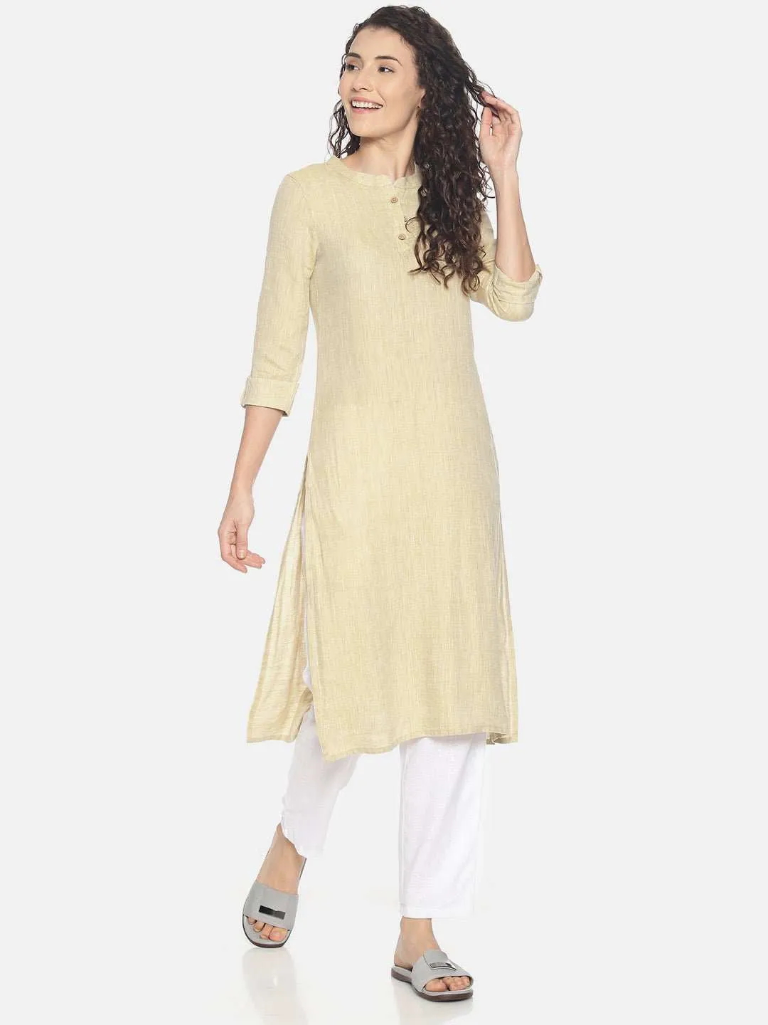 Ecentric Women's Fawn Colour Solid Hemp Straight Long Kurta