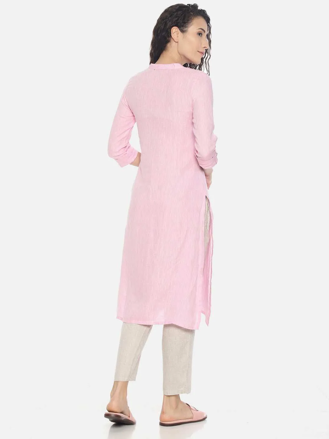 Ecentric Women's Light Pink Colour Solid Hemp Straight Long Kurta