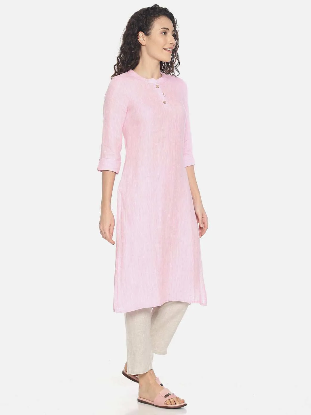 Ecentric Women's Light Pink Colour Solid Hemp Straight Long Kurta