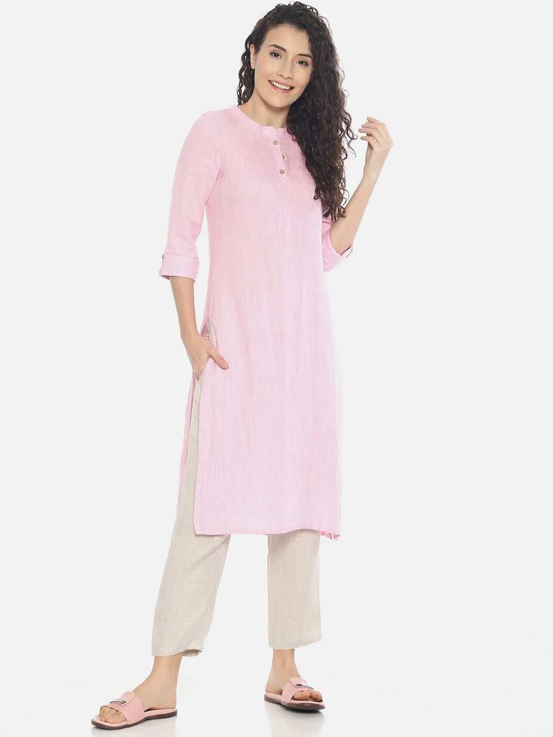 Ecentric Women's Light Pink Colour Solid Hemp Straight Long Kurta