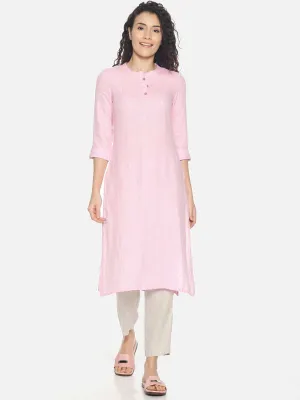 Ecentric Women's Light Pink Colour Solid Hemp Straight Long Kurta