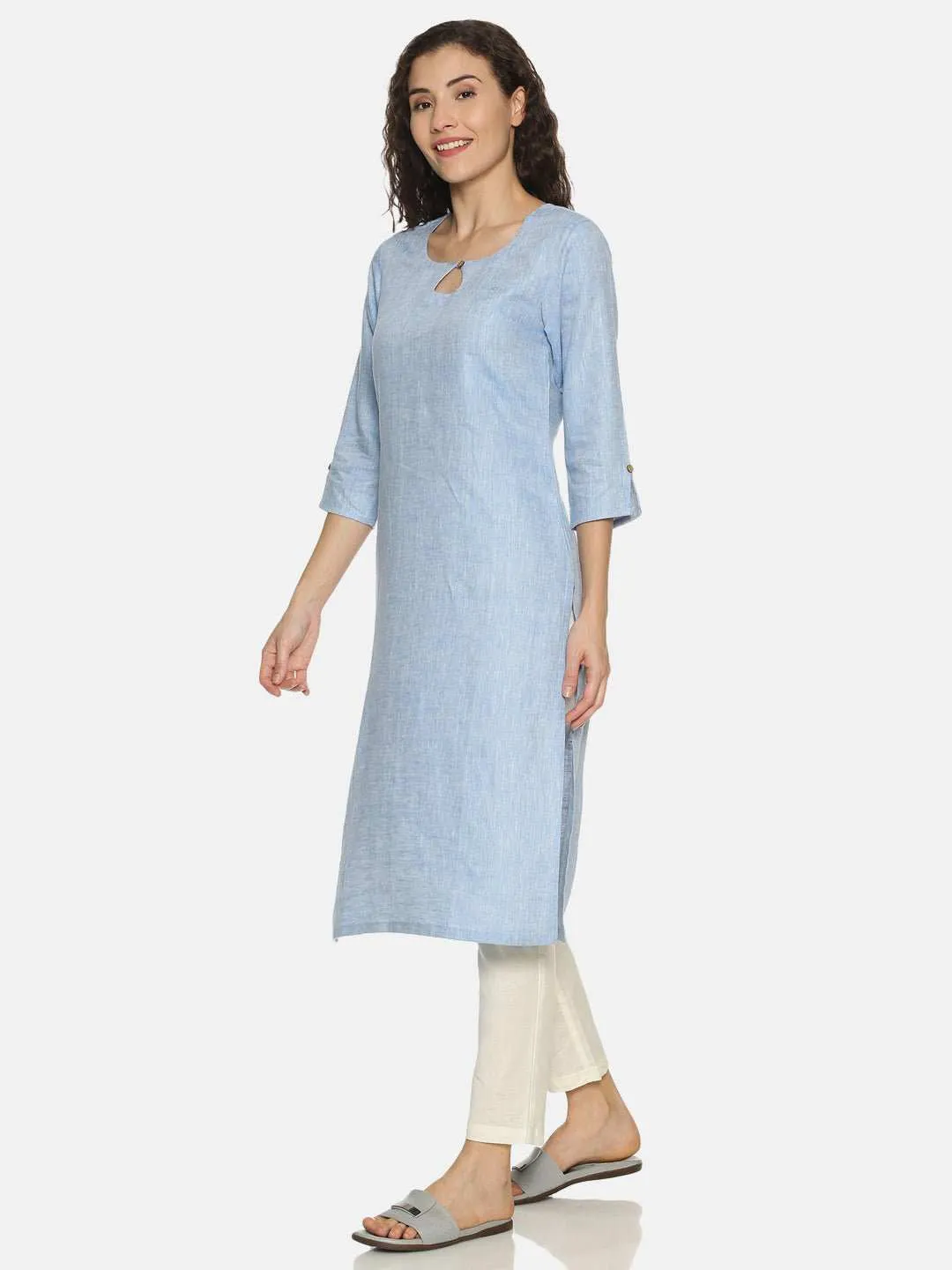 Ecentric Women's Navy Blue Colour Solid Hemp Straight Long Kurta