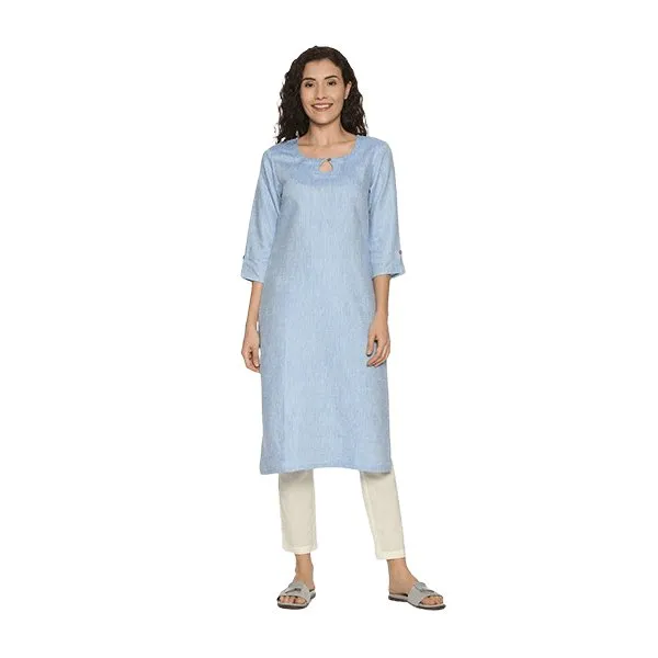 Ecentric Women's Navy Blue Colour Solid Hemp Straight Long Kurta