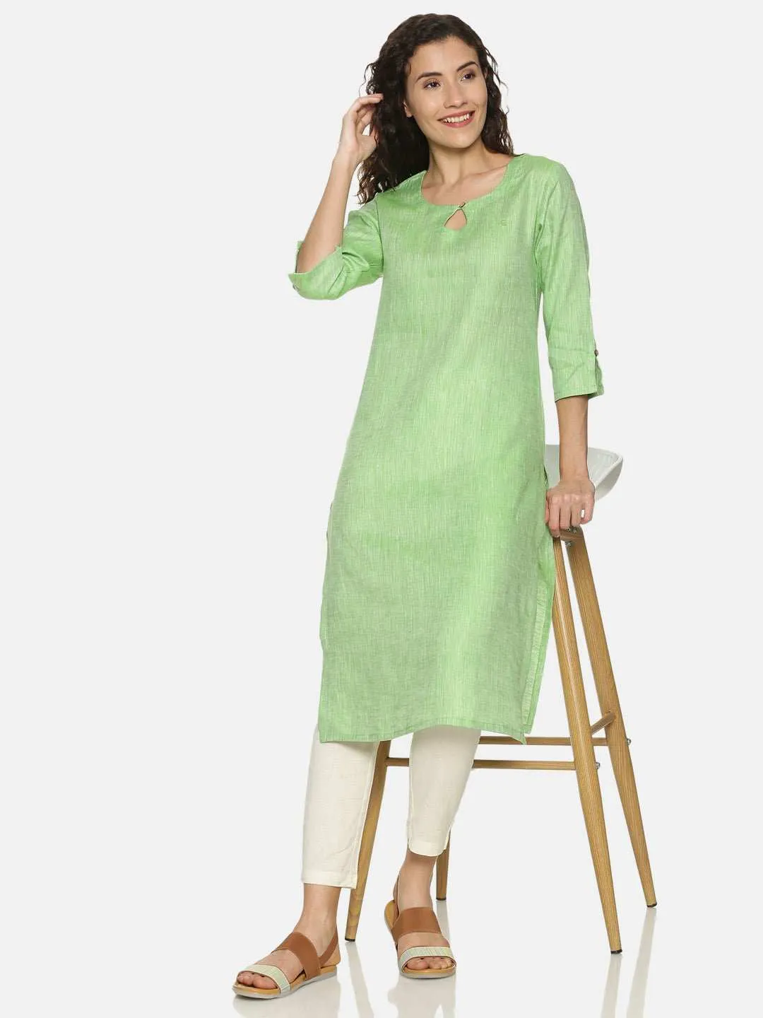 Ecentric Women's Parrot Green Colour Solid Hemp Straight Long Kurta